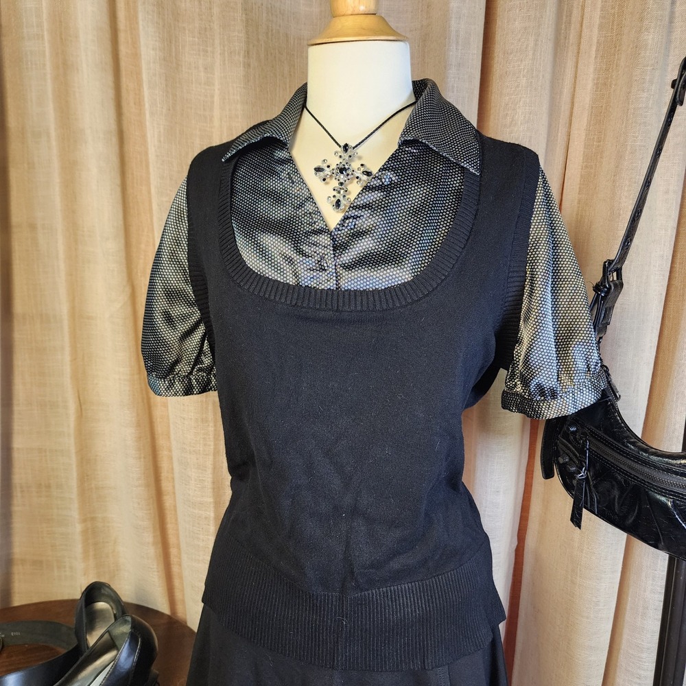 Apt 9 Woman 1X Layered Look Sweater Vest Top Short Sleeve Black Silver Dot